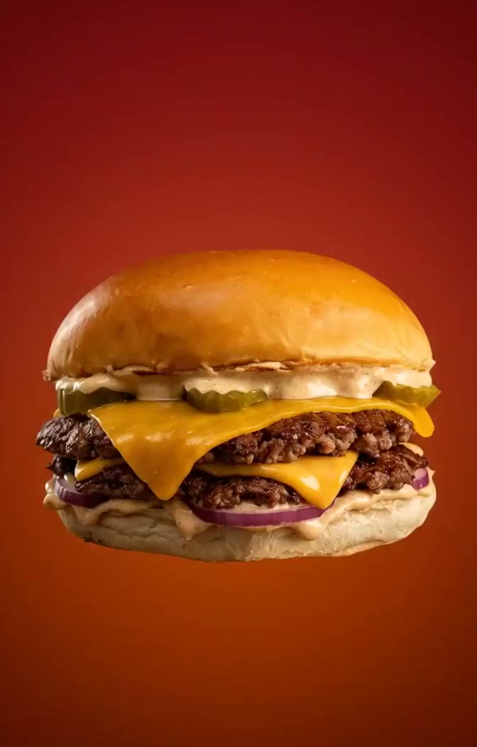 The restoBurger double smash burger, fully stacked.